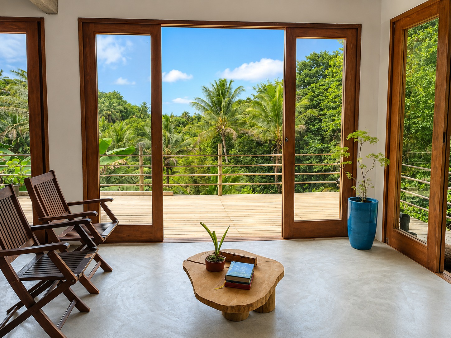 Refúgio Pachamama living area with view over the deck